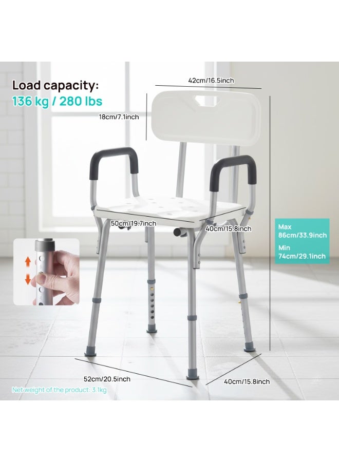 بازار بوريا كرسي استحمام PORIYA قابل للتعديل مع مقبض دعم، مقعد حمام مانع للانزلاق مع مسند ظهر وذراعين، إطار ألومنيوم خفيف الوزن، تركيب بدون أدوات، 6 مستويات ارتفاع، يتحمل حتى 136 كجم - Image 5